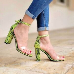 Neon Snakeskin Chunky Heel Sandals Women's Ankle Strap Open Round Toe Padded